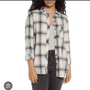 GAP Women Plaid Flannel Shirt Long Sleeve Button Up ivory  Black XL